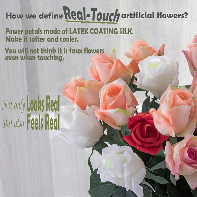 12pcs Half Opened Artificial Rose Buds,17 Inch Real Touch Silk Roses with Partially Opened Flowers, Artificial Flower for Home Décor Centerpiece Wedding Bouquet,White