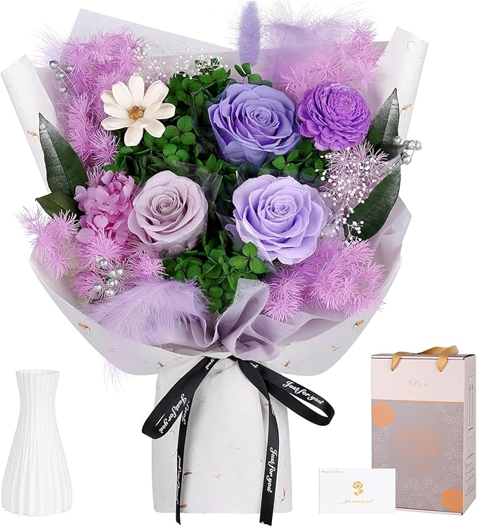 Preserved Flowers Bouquet - Forever Flowers for Delivery, Real Eternal Roses Bouquet Gifts for Women Mother Mom Girlfriend Wife Anniversary Birthday Present for Her, Light Purple