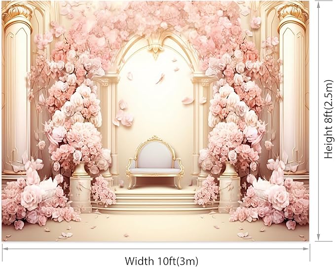 AOFOTO 10x8ft Wedding Backdrop Palace Hall Wall Spring Pink Flower Arch Background for Photography Bridal Shower Prom Decoration Banner Girl Portrait Photo Booth Backdrop
