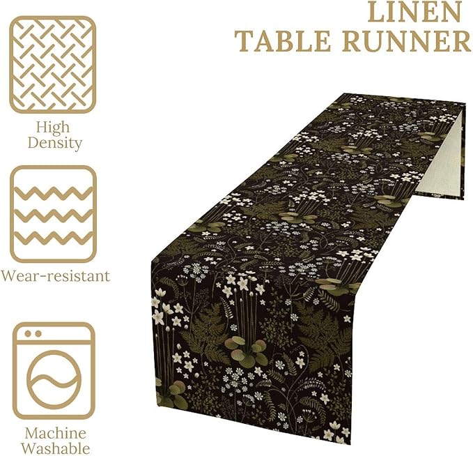 Forest Plant Table Runner, Rustic Field Wild Flower Herbal Fern Vintage Farmhouse Natural Floral Table Runner for Home Party Decor, 13x70inch
