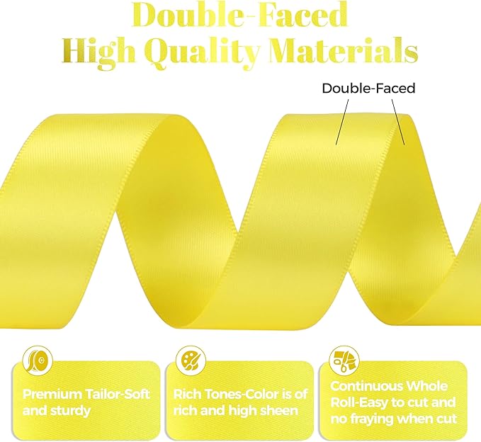 Lemon Yellow Satin Ribbon, Double Faced 1 Inch X 25 Yards Lemon Yellow Ribbon, Premium Satin Ribbon for Gift Wrapping, Crafts, Hair Bow Making, Sewing, Flower Bouquet, Wedding Party Decor