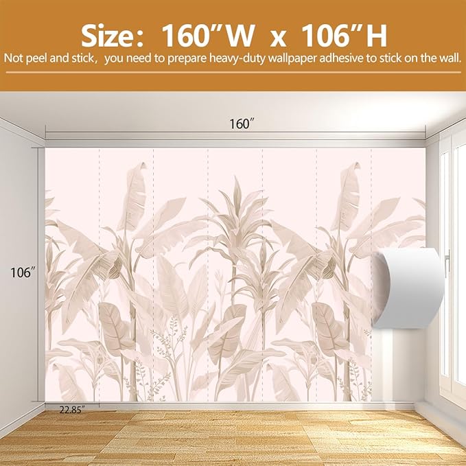 Tropical Botanical Wallpaper Beige Palm Leaves Wall Mural for Living Room Bedroom（Not Peel and Stick）