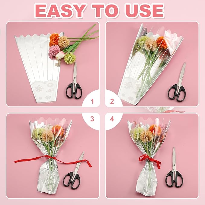 YELARXI Clear Flower Wrapping Bags, Transparent Flower Packaging Bag Waterproof Bouquet Sleeves with Lace - Fitting for (Florists/Floral Arrangements Supplies), 13.8x3.9x19.7 Inch & 100Pcs