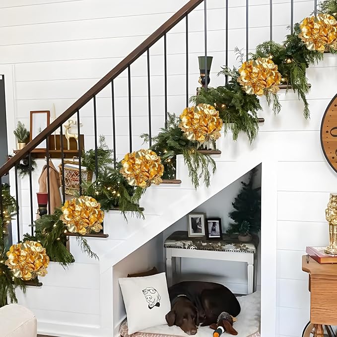 Hollyone 3Pcs Artificial Hydrangea Flowers Gold Christmas Ornaments Flowers 26inch Fake Hydrangea Flower Floral Arrangements Bouquets Xmas Faux Hydrangeas Stems Wedding Party Christmas Home Decor