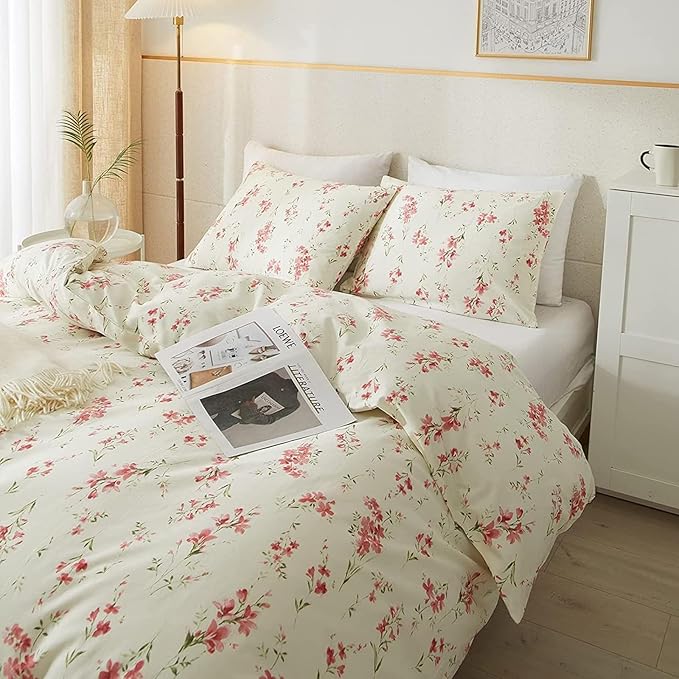 HighBuy Boho Comforter Set Queen Size Beige 3 Pieces Pink Floral Lightweight Comforters Queen Size for Woman Girl Soft Jacquard Queen Comforter for All Seasons