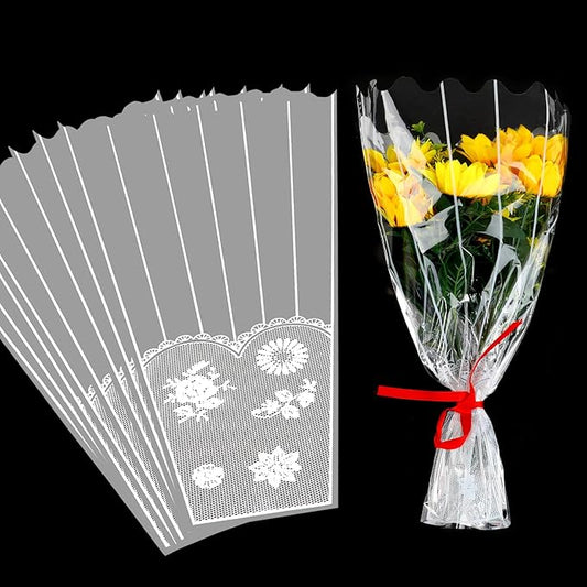 FOIMAS 100pcs Flower Bouquet Bag Plastic Wrapping Bags Clear Floral Bouquet Sleeve Cellophane Sleeves Flower Bouquet Packaging Bags for Flower Craft Birhtday Wedding Valentine's Day Mother's Day