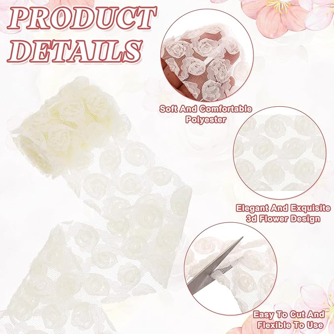 uxcell 2PCS Lace Trim Ribbon, 2.36 inch - 1 Yard 3D Rose Floral Embroidery Ribbons Edge Trimming for Sewing, Wedding Dress, DIY Crafts, Decoration Accessories, Beige