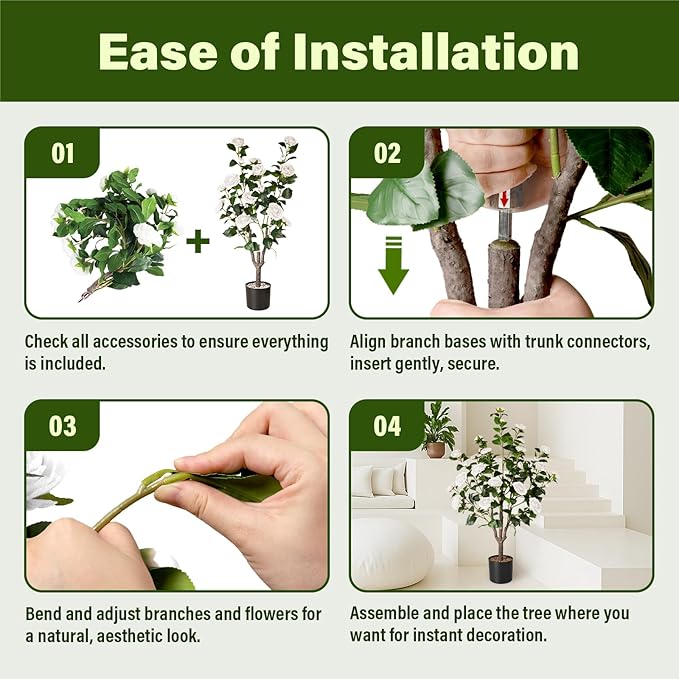 Artificial Camellia Tree,2Pack 3.6FT Faux White Camellia Plants in Pots,Lifelike Artificial Flower Trees for Indoor Outdoor Home Decor,Realistic Blooming Faux Plants for Living Room Porch Patio Office