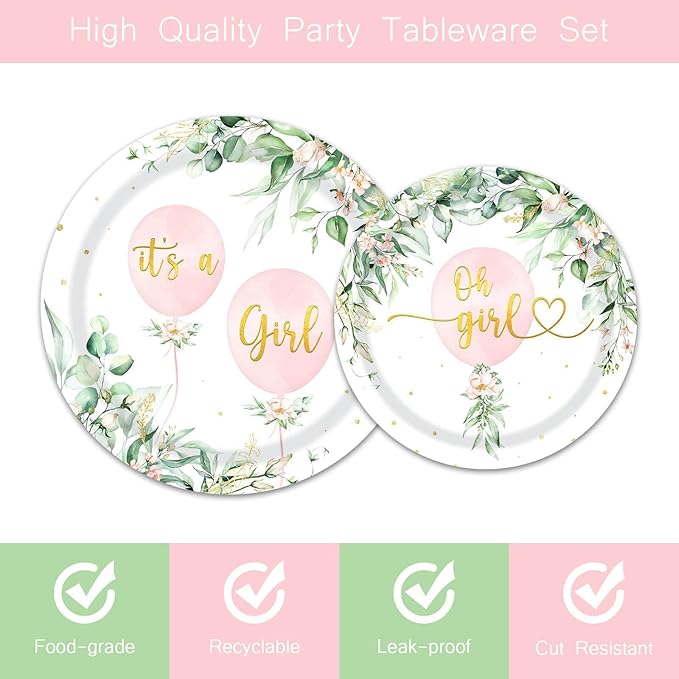 96Pcs Oh Girl Watercolor Pink Balloon Party Supplies Greenery Girls Baby Shower Party Plates Napkins Tableware Botanical Eucalyptus Baby Shower Party Favor