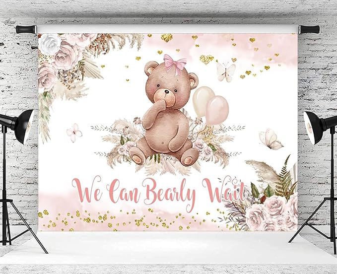 10x8ft Bear Baby Shower Backdrop Boho Pink Floral We Can Bearly Wait Photography Background It’s a Girl Baby Shower Party Banner Decorations Supplies Photo Booth Props