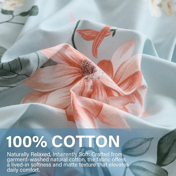 Blue Floral Duvet Cover Queen Size 100% Soft Cotton 3 Pieces French Country Chic Garden Style Luxury Blossom Floral Vibrant Pattern Reversible Flower Duvet Cover with Zipper Closure
