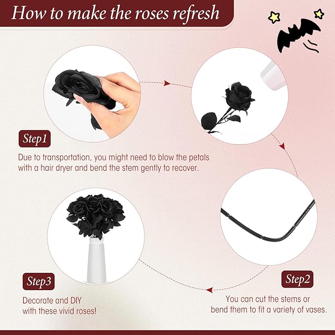 Hotop 40 Pcs Rose Artificial Flowers Bulk with Long Stem,Realistic Silk Fake Roses Bouquet for Home Wedding Centerpieces Party Table Decoration Valentines Gifts(Solid Black)