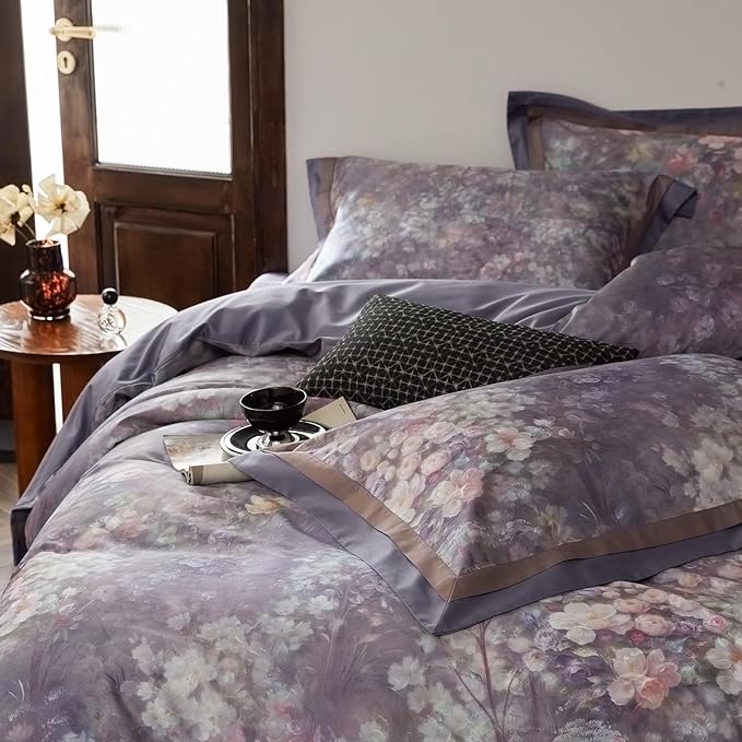 VM VOUGEMARKET Purple Floral Duvet Cover Set Queen,3 Pieces Garden Flower Duvet Cover with 2 Pillow Shams Smooth Silky Long Staple Cotton Bedding Set-Queen,90x90 Inch