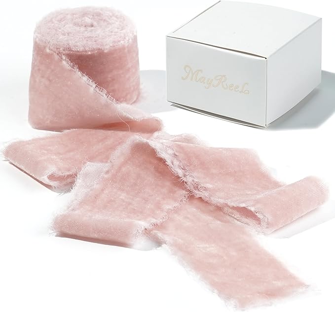 MAYREEL Dusty Rose Velvet Ribbon 2 Inch Hand Torn Pink Silk Frayed Edge Ribbon for Valentine's Day Bridal Bouquets Invitations Wedding Vow Books Gift Baskets Hair Bows 3 Yards