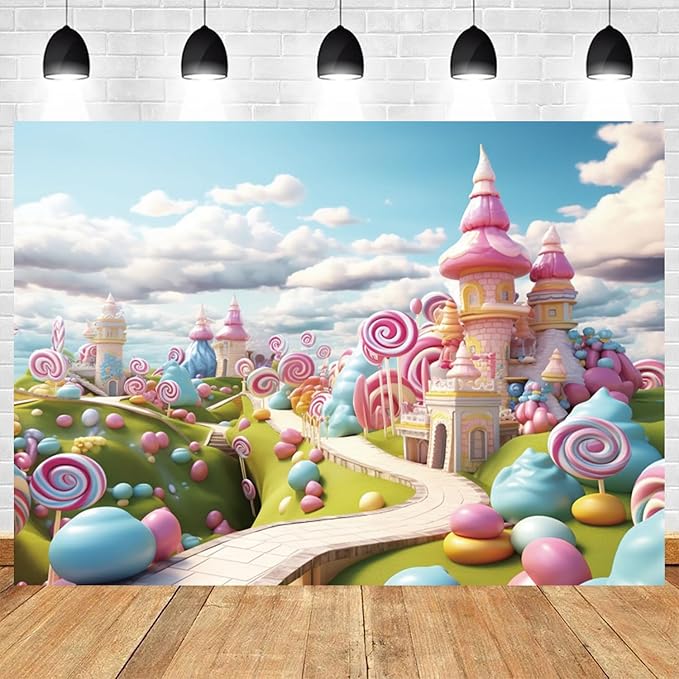 10x8ft Candyland Backdrop Fantasy Candy Castle Photography Background Sweet Lollipop Dream Blue Sky White Cloud Kids Birthday Banner Decorations Baby Shower Newborn Portrait Photo Booth Prop