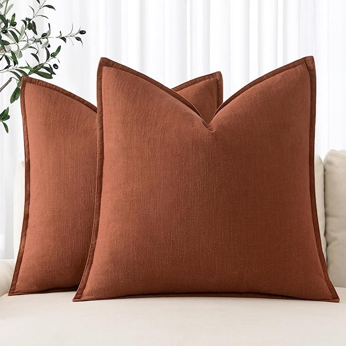 MIULEE Decorative Linen Pillow Covers 16x16 Inch Rust Boho Farmhouse Neutral Couch Throw Pillows for Bed Pack of 2 Accent Modern Pillowcase Summer Sofa Livingroom Home Decor