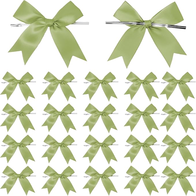 50 Counts Sage Green Twist Tie Bows 3.1" Pre-Tied Satin Ribbon Bow Decor Mini Twist Tie Bows for Gift Wrapping Treat Bags Cake Bridal Baby Shower Birthday Party Favors Wedding Decorations