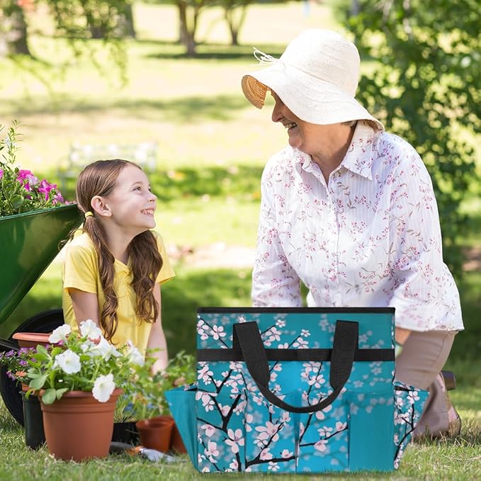 Garden Tool Tote Bag for Women Men Flower Branches Gardening Tool Storage Bags with 10 Pockets Standable Garden Home Tool Kits Organizer for Indoor Outdoor Gardening Gifts