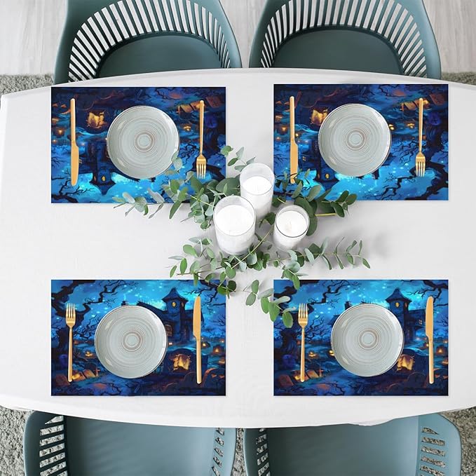 Halloween Castle Scary Blue Placemats Set of 4 PVC Vinyl Non Slip Table Mats Heat Resistant Place Mats Washable Wipeable Dining Table Mat for Kitchen Decor Party Indoor Outdoor Decorative Gift