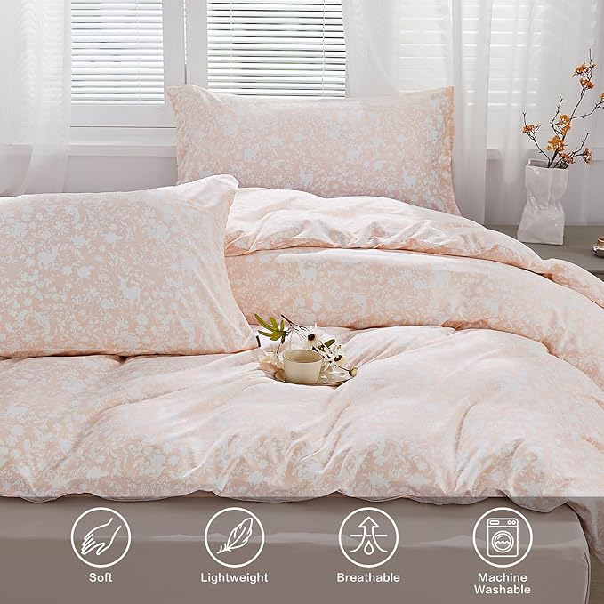 SAPHREAS Pink Botanical Plants Duvet Cover 3pcs Soft Microfiber White Floral Animal Printed Pattern Comforter Set with Zipper Ties King Size 1 Duvet Cover 2 Pillow Shams