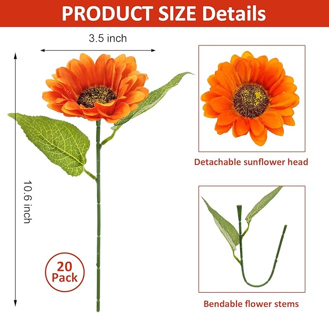 20 PCS Fake Silk Sunflowers Artificial Flower with Stems for Home Wedding Party Centerpieces Decoration Bridal Bouquets Tables Floral Arrangements Wreath DIY Art Crafts Decor (Orange)