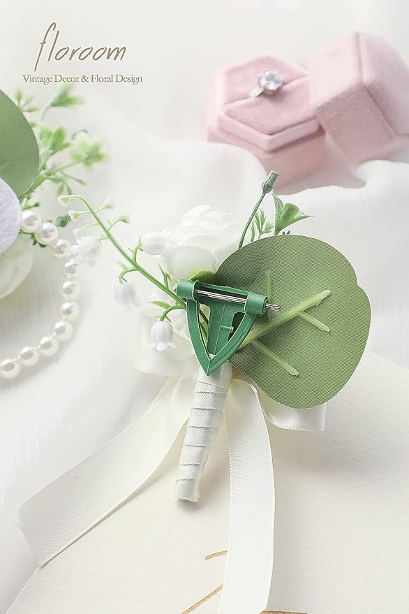 Floroom Ivory Ranunculus Peony Wrist Corsage Wristlet Band Bracelet and Men Boutonniere Set for White Wedding Flower Accessories Prom Suit Decorations