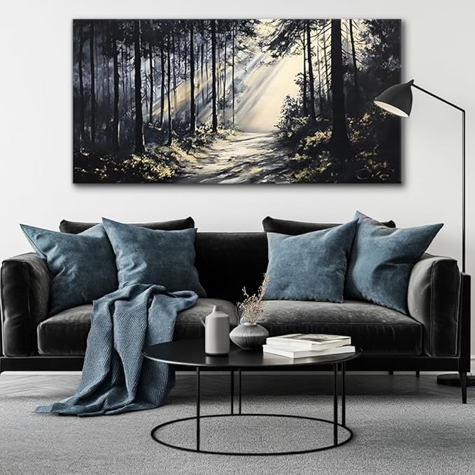 LAVIKARS Rustic Sunlight Forest Wall Art for Living Room Office Black and White Modern Landscape Canvas Painting Prints Large Nature Artwork Home Kitchen Bedroom Decor (20x40 Inches)