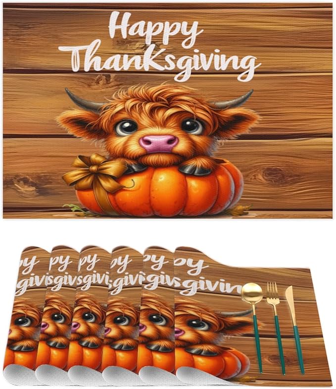 Thanksgiving Pumpkin Highland Cow Placemats Set of 1 PVC Vinyl Non Slip Table Mats Heat Resistant Place Mats Washable Wipeable Dining Table Mat for Kitchen Decor Party Indoor Outdoor Decorative Gift
