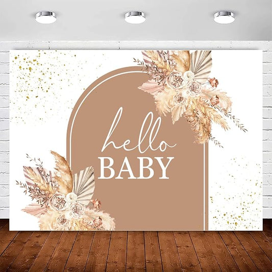 InMemory Boho Baby Shower Backdrop Banner Decorations for Girl Bohemian Arch Hello Oh Baby Backdrops Sign Photography Background for Girls Pampas Floral Baby Shower Party Decor Photo Booth Props 7x5ft