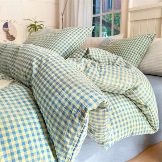 LifeTB Gingham Comforter Set Full Modern Style Blue Yellow Plaid Grid Bed Comforter 3 Pieces Soft Fluffy Checkered Pattern Comforter with 2 Pillowcases Farmhouse Gingham Bedding Set Breathable