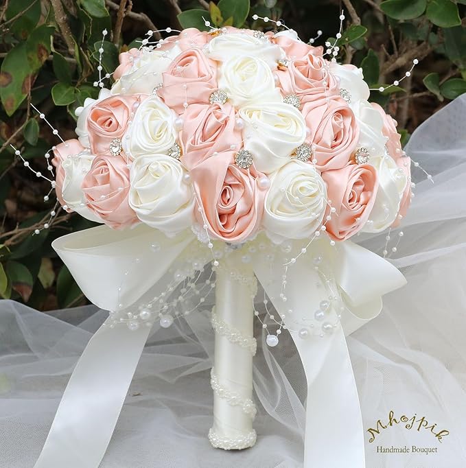 Bridal Wedding Bouquet Round Bling Brooch Bouquet Throw Toss Artificial Rose Flower Bunch for Bride Bridesmaid Wedding Quinceanera(Peach Pink & Ivory, 9.8")