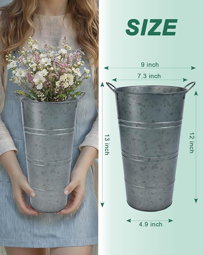 12 Inch Galvanized Metal Vases for Flowers - 6 Pcs Farmhouse Decorative Tall Flower Bucket with Handles, Rustic French Tin Planter Buckets for Wedding Decor (Galvanized Black)