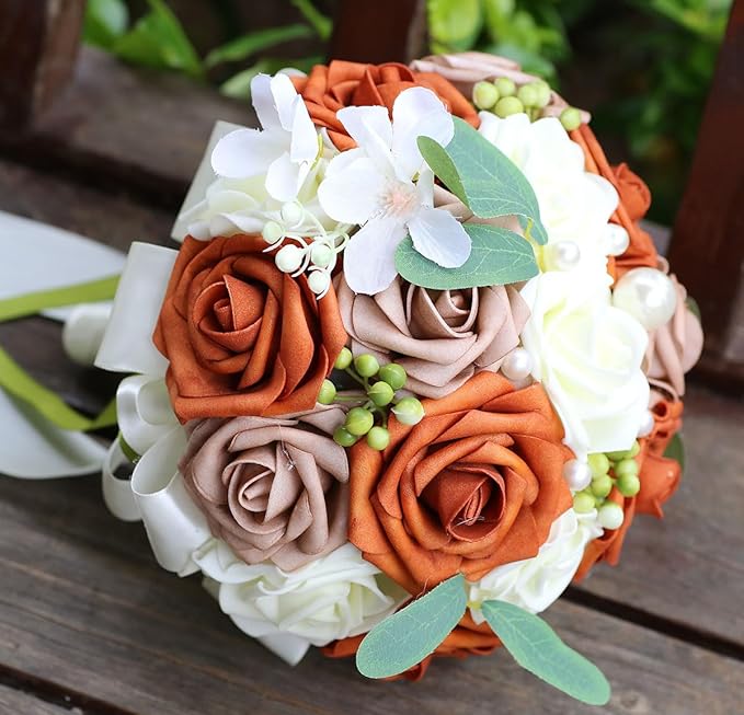 Lightweight Bridal Wedding Bouquet Round Holding Bouquet Throw Toss Artificial Rose Flower Bunch for Bride Bridesmaid Wedding Quinceanera (Cream, Coral & Rosy Brown, 9.1")