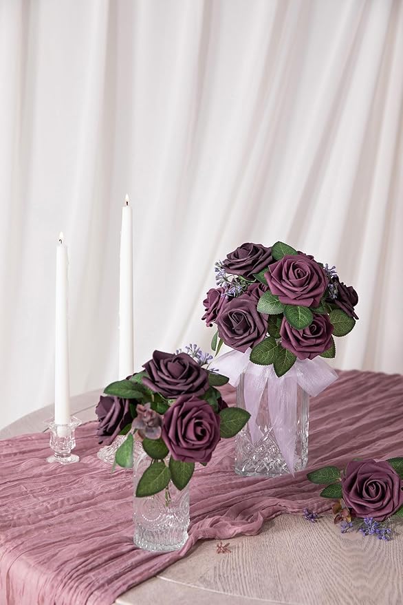 Ling's moment Artificial Flowers 25Pcs Mauve Plum Roses Decor w/Stems,3" Real Touch DIY Foam Floral for Wedding Bouquet/Centerpieces, Outdoors Party Backdrop, Room/Table, and Garden/Pot Decorations