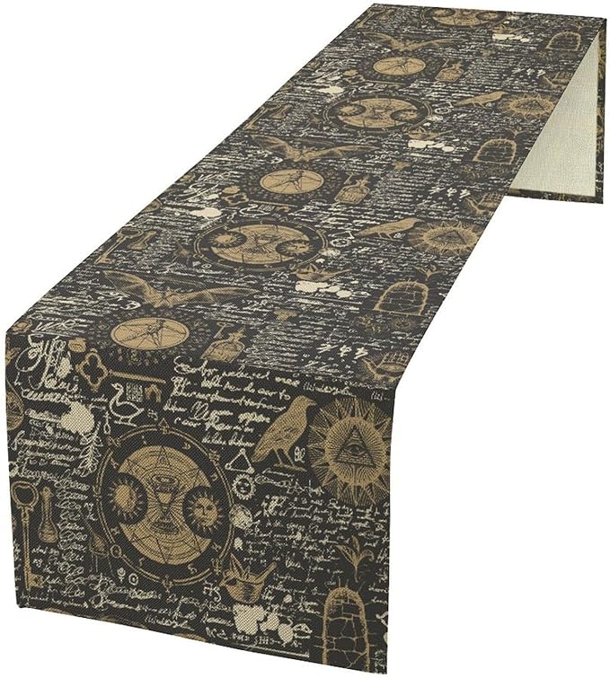 Gothic Table Runner,Black Gold Vintage Theme Print Table Runner for Home Kitchen Table Dining Garden Farmhouse Wedding Party Decor 13x90 Inch