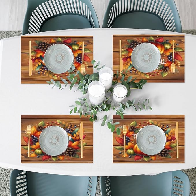Thanksgiving Pumpkin Holiday Rainbow Placemats Set of 6 PVC Vinyl Non Slip Table Mats Heat Resistant Place Mats Washable Wipeable Dining Table Mat for Kitchen Party Indoor Outdoor Decorative Gift