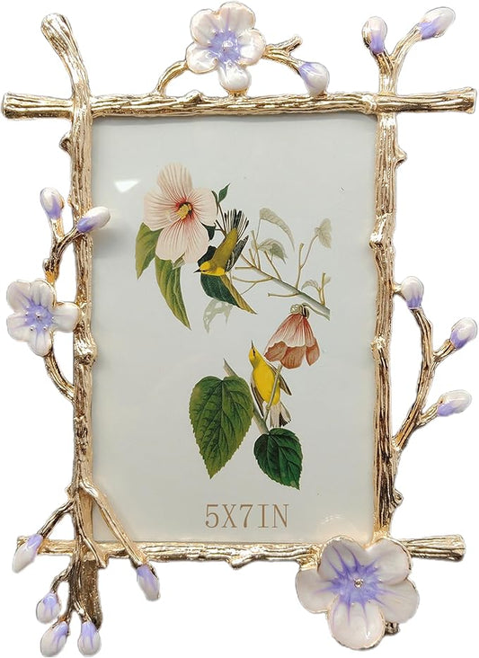 Vintage Purple Picture Frame with Enamel Finis Glass Front - Ornate Antique Metal Flowers 5X7 Photo Frame Tabletop/Wall Display Gifts for Women