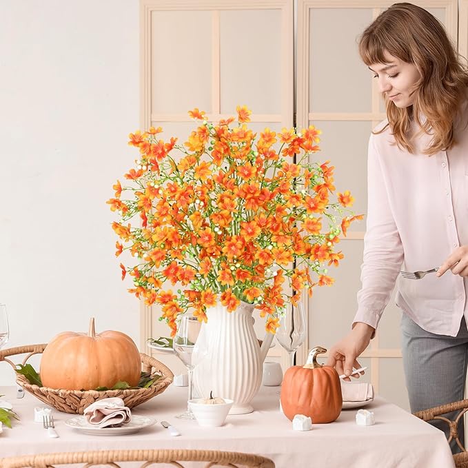 8PCS Fake Fall Flowers Real Touch Silk Flowers,Orange Artificial Flowers for Decorations, Babys Breath Artificial Flowers Bulk for Halloween Thanksgiving Fall Decor (Orange, 8PCS)