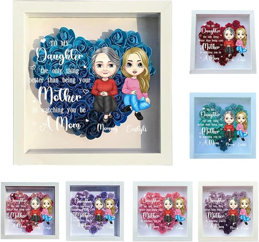 Personalized Mom Flower Shadow Box Custom Heart Shaped Rose Flower Shadow Box Frame To My Daughter Mother's Day Portrait Shadowbox Memory Gifts for Mom from Daughter Christmas Birthday