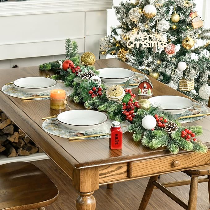 Artoid Mode Watercolor Deer Trees Snowflakes Christmas Round Placemats Set of 4, 14 Inch Winter Round Table Mats for Dining Decoration
