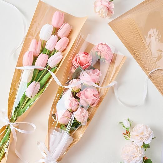 CLUEWR 50 PCS Flower Bags for Bouquets, Floral Wrapping Sleeves with Ribbons Florist Wrap Supplies, 24.8 x 8.7 Inches