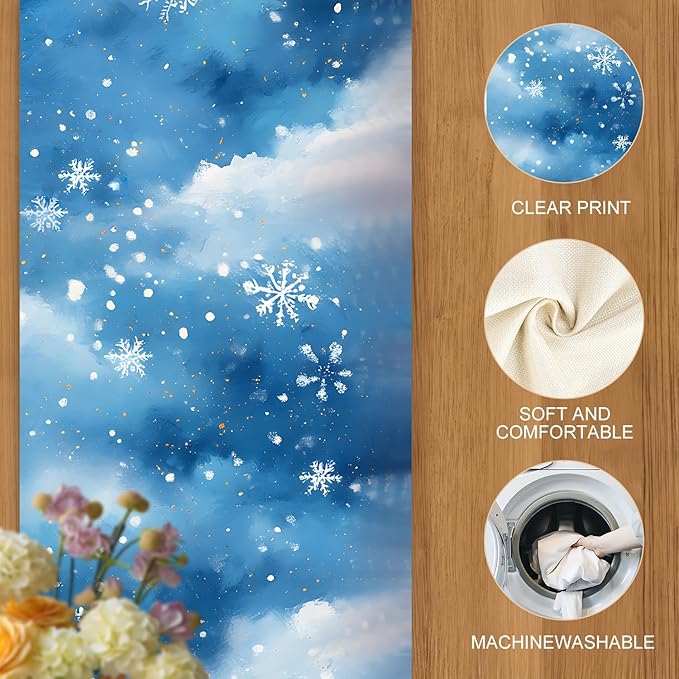Christmas Snowman Table Runner for Dining Table, Winter Holiday Party Decor, Blue Snowflake Printed Long Tablecloth Runner for Kitchen, Christmas Dinner, Home Decoration, Holiday Table Setting