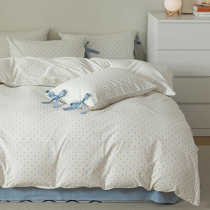 HighBuy Blue Flowers Comforter Set Queen Girl Grid Floral Garden Botanical Comforter Set Queen Boho Coquette Bedding Comforter Sets with 2 Bowknot Bow Tie Pillowcases Soft Fluffy