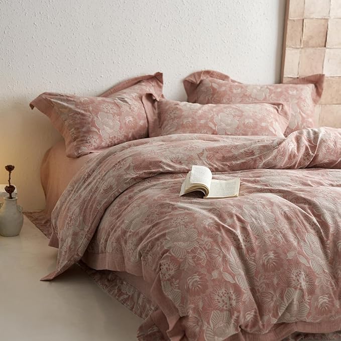 Blush Pink Floral Duvet Cover Queen Vintage Pink Flower Jacquard Comforter Cover with Edge Design Linen Cotton Yarn-Dyed Textured Flower Duvet Cover Breathable Comfy Cottagecore Bedding Set Queen