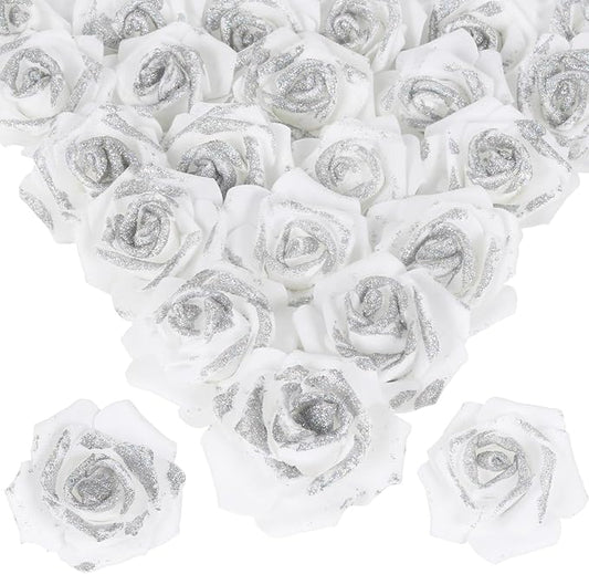 100pcs Stemless White Fake Foam Roses with Silver Glitter, 2.56" Artificial Roses for DIY Craft Baby Shower Centerpieces Wedding Flower Decor (White)