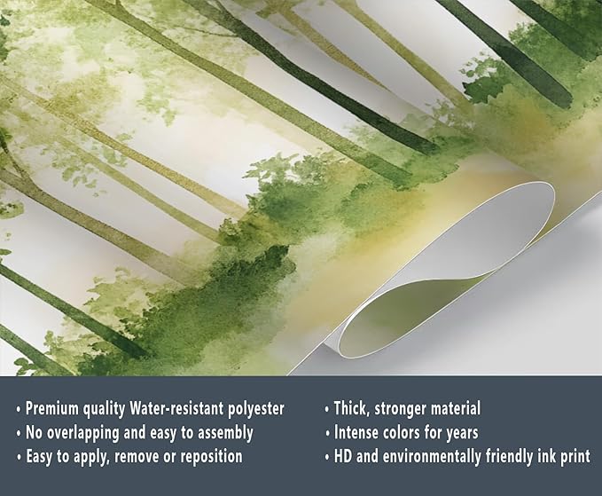 Watercolor Forest Wall Mural, Minimalist Forest Scene 3D Wall Murals, Nordic Nature Wallpaper Mural, for Living Room Bedroom Large Wallpaper Indoor Decor 197" W x124.8 H