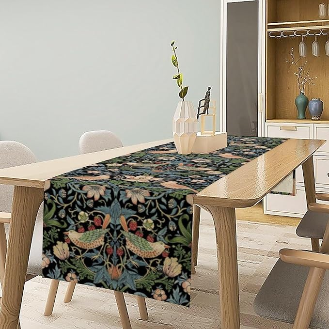 William Morris Floral Table Runner, Strawberry Thief Birds in Green and Blue Table Runner for Home Kitchen Dining Table Decoration,13x36 Inch