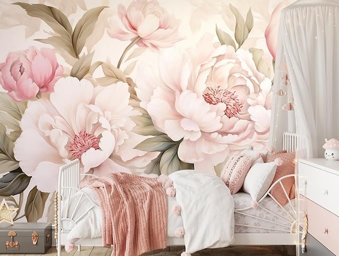 Pink Floral Wallpaper Large Peony Flowers Wall Mural for Girls Room Bedroom（Not Peel and Stick）