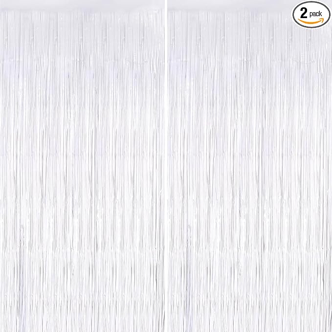 Keyali 2 Pack 3.3 * 8.3 ft Foil Curtain Metallic Tinsel Fringe Curtains Photo Booth Props Backdrop for Birthday Wedding Engagement Baby Shower Christmas Holiday Celebration Party，White