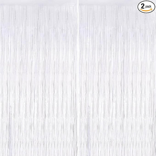 Keyali 2 Pack 3.3 * 8.3 ft Foil Curtain Metallic Tinsel Fringe Curtains Photo Booth Props Backdrop for Birthday Wedding Engagement Baby Shower Christmas Holiday Celebration Party，White